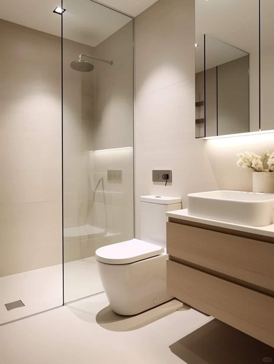 Minimal bathroom with walk-in glass shower, floating vanity and mirror cabinet